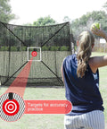 Person practicing with 6x6 Foot Baseball Softball Practice Net For Hitting Pitching And Catching with strike zone target.