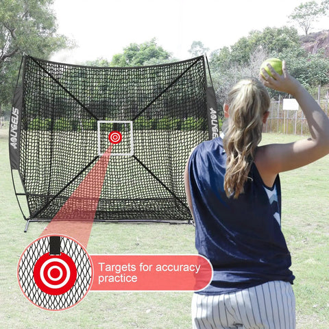 Person practicing with 6x6 Foot Baseball Softball Practice Net For Hitting Pitching And Catching with strike zone target.