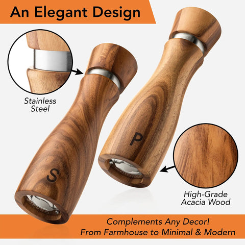 Wooden Salt And Pepper Grinder Set Refillable Mills With Adjustable Coarseness Crafted From Solid Acacia Wood With Ceramic Core