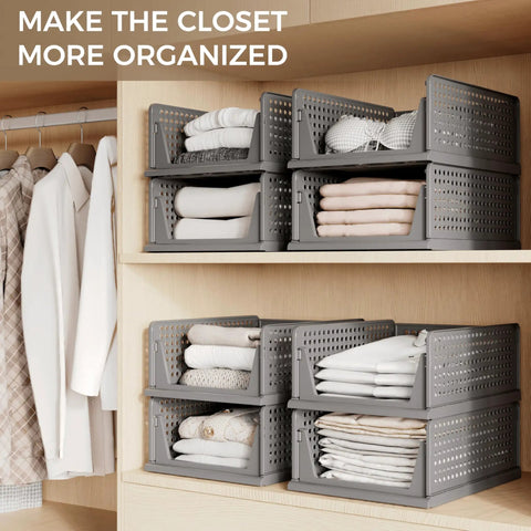 Stackable Plastic Storage Baskets 2 Pack Foldable Closet Organizers And Storage Bins in wardrobe with folded clothes