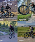 Cyclists using Armor Tire Insert For Fat Tires And E-Bikes on e-bikes, mountain, gravel, and fat bikes in various landscapes.