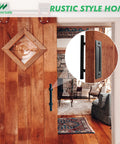 Black Barn Door Floor Guide Set With Handle And Latch Lock for sliding doors in rustic interior, close-up view of handle.