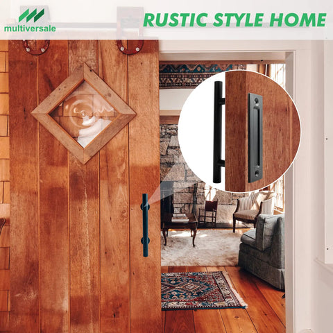 Black Barn Door Floor Guide Set With Handle And Latch Lock for sliding doors in rustic interior, close-up view of handle.