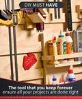 Solid As A Rock Heavy Duty Aluminum French Cleat Jig mounted on a wooden wall, displaying tool organization for shop storage.