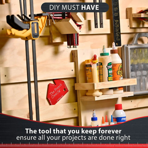 Solid As A Rock Heavy Duty Aluminum French Cleat Jig mounted on a wooden wall, displaying tool organization for shop storage.