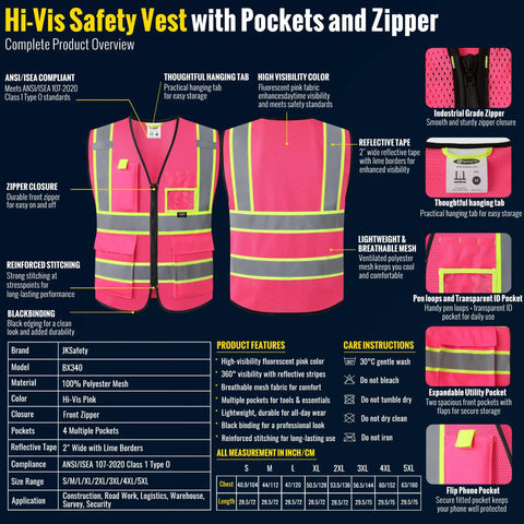 Lit Hi Vis Safety Vest For Men And Women In Hot Pink, Slick Zip Up Front, Built In Utility Pockets, Ultra Breathable Mesh Fabric, And Extra Wide Reflective Strips That Hit Ansi Standards For Xl Fit detailed overview with pockets and zipper.