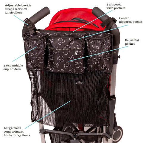 Cups N Cargo Stroller Caddy Organizer With Cup Holder For Any Stroller Universal Fit Mickey Mouse Black attached to stroller