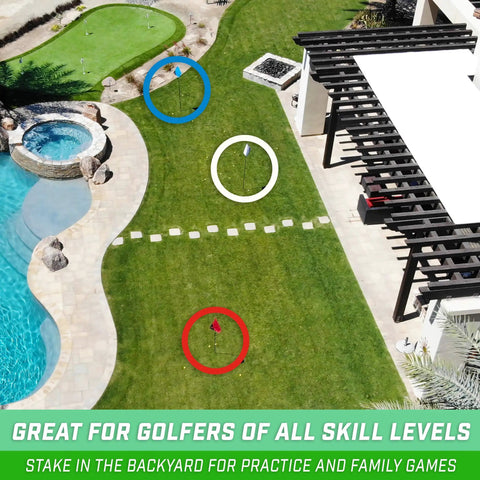 Three Pack Golf Flags For Backyard Practice And On The Go Chipping Drills in grass with pool and putting green nearby