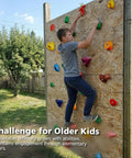 Boy climbing outdoor wall using 32 Pack Rock Climbing Holds For Kids And Grownups Multi Size Grips For Indoor And Outdoor Wall Climbing Durable Anti Slip Weatherproof Plastic Resin With 2 Inch Mounting Hardware