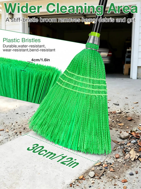 Heavy Duty Outdoor Broom With Super Stiff Bristles Commercial Yard Sweep For Leaves And Debris Garage Cleanout Tool with 12in cleaning head.