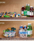 Before and after image showing Two Pack Lazy Susan Turntables Clear Acrylic Carousel Storage in pantry, rotating 360 degrees.