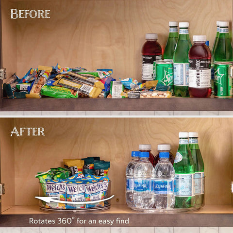 Before and after image showing Two Pack Lazy Susan Turntables Clear Acrylic Carousel Storage in pantry, rotating 360 degrees.