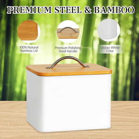 Farmhouse Laundry Organizer And Storage Box With Bamboo Lid, premium steel, glossy white