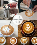 Go-To Milk Frothing Pitcher Jug For Espresso And Latte Art Foam Making in use creating latte art designs and pouring milk froth