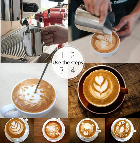 Go-To Milk Frothing Pitcher Jug For Espresso And Latte Art Foam Making in use creating latte art designs and pouring milk froth