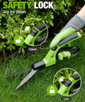 Ultra Sharp 15 Inch Grass Shears With 360 Degree Swivel Blades For Precise Lawn Trimming from A Manual Garden Cutter in use, showing safety lock feature.