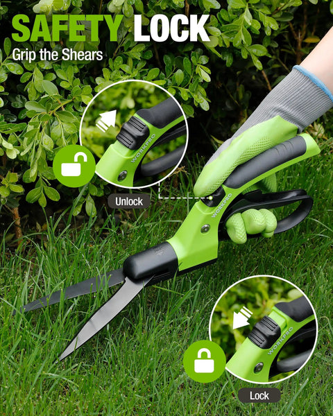 Ultra Sharp 15 Inch Grass Shears With 360 Degree Swivel Blades For Precise Lawn Trimming from A Manual Garden Cutter in use, showing safety lock feature.