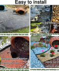 Four images showing installation of Heavy Duty 22 Foot No Dig Landscape Edging Kit With 20 Anchoring Spikes 2 Inch Tall Black HDPE Border