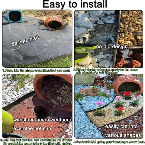 Four images showing installation of Heavy Duty 22 Foot No Dig Landscape Edging Kit With 20 Anchoring Spikes 2 Inch Tall Black HDPE Border
