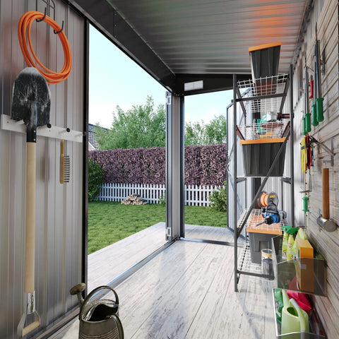Interior of 4x8 Outdoor Storage Shed With Triple Lockable Doors Sloping Roof Metal Cabinet For Tools And Bicycles Ideal For Garden Patio Courtyard And Garage Organization For Home Or Workshop Stash Your Gear