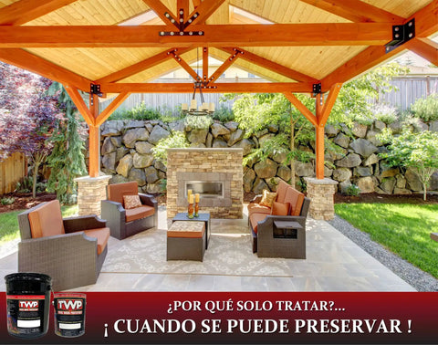 Heavy Hitter Oil Based Wood Preservative And Exterior Stain In Warm Pecan Hue visible in a stylish outdoor seating area.