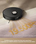 Smart Robot Vacuum And Mop with Auto Empty Dock on carpet showing 19500 Pa suction power, precise obstacle avoidance