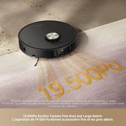 Smart Robot Vacuum And Mop with Auto Empty Dock on carpet showing 19500 Pa suction power, precise obstacle avoidance