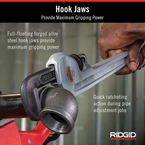 Ultra Lightweight Aluminum 18 Inch Pipe Wrench With I Beam Handle For Quick Adjustments Forged Hook Jaw in use on pipe