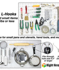 Stainless Steel Pegboard Hooks 50-Pack 1 Inch Long Will Not Fall Out Universal Fit For Any Pegboard Organize Tools Garage Kitchen Crafts Jewelry Retail Displays with tools and utensils displayed.