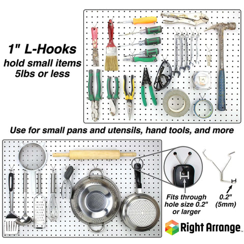 Stainless Steel Pegboard Hooks 50-Pack 1 Inch Long Will Not Fall Out Universal Fit For Any Pegboard Organize Tools Garage Kitchen Crafts Jewelry Retail Displays with tools and utensils displayed.