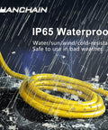 Heavy Duty Outdoor Extension Cord 14/3 Gauge 50 Feet Waterproof, 15 Amp 125 Volt, ETL Listed, 3 Prong Grounded Outlet, Rugged All Weather Performance for Tools, Appliances, Lights and More; yellow cord in rain