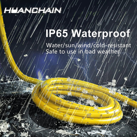 Heavy Duty Outdoor Extension Cord 14/3 Gauge 50 Feet Waterproof, 15 Amp 125 Volt, ETL Listed, 3 Prong Grounded Outlet, Rugged All Weather Performance for Tools, Appliances, Lights and More; yellow cord in rain