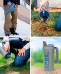 Spot Spreader 80 Oz Handheld Grab-And-Go Dispenser for salt seeds grass, showing multi-size openings and smart lid in action
