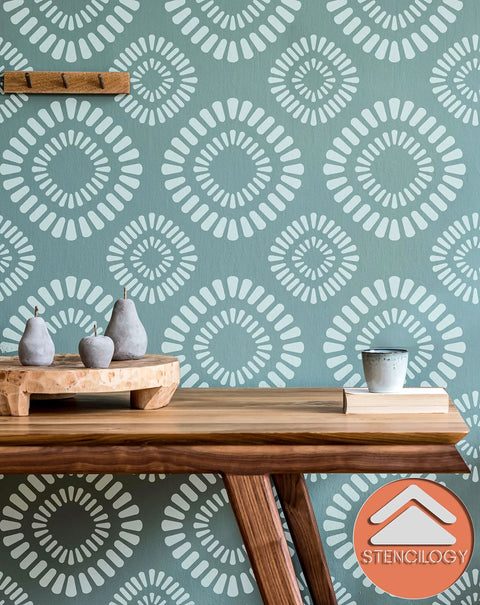 Room with wall painted using Big Floral Wall Stencil Set 24 By 38 Inches XL Allover Pattern With Free Edging Stencil Two Piece Kit.