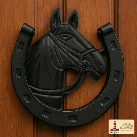 Antique Horse Head Door Knocker In Cast Iron With Rustic Horseshoe Accent For Front Door, Barn, Farmhouse Or Garden Gate