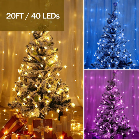Star String Lights 20Ft Battery Operated Color Changing Fairy Lights With 40 LEDs Remote Control Indoor Outdoor Hanging Twinkle Decor For Bedroom Patio Party And More adorning a Christmas tree with yellow, blue, and pink hues.