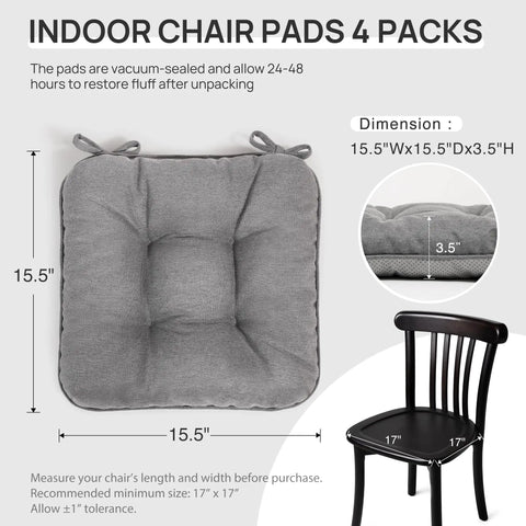 Ultra Comfy Memory Foam Chair Cushions Set Of 4 For Indoor Outdoor Use 15.5 By 15.5 By 3.5 Inches Grey shown on chair.