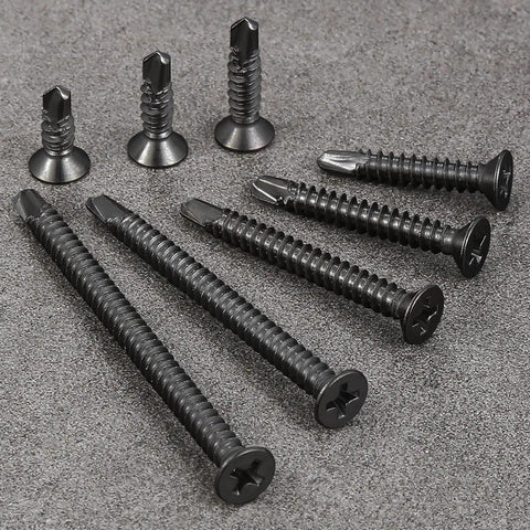300 Pack Size 8 By One Inch Sheet Metal Self Tapping Screws Black Stainless Steel Flat Head Heavy Duty Self Drilling Fasteners.