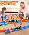 Father and son playing with Dope Slot Car Race Track Set With 360 Degree Loops And Four High Speed Cars 64 Piece Large Flexible Raceway