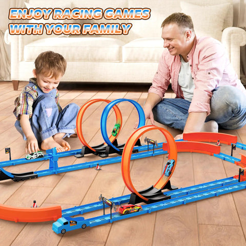 Father and son playing with Dope Slot Car Race Track Set With 360 Degree Loops And Four High Speed Cars 64 Piece Large Flexible Raceway