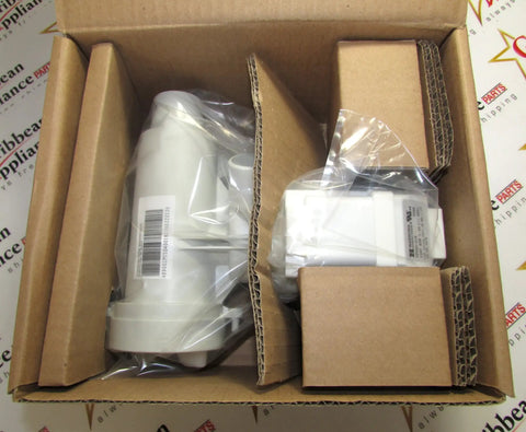 Boxed drain pump replacement for washing machines, OEM GE WH23X10028, showing package contents and sound isolation hardware.