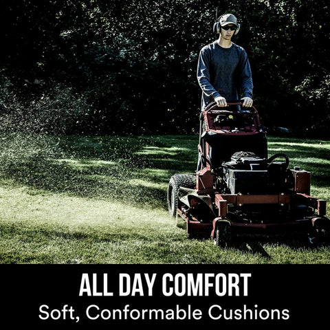 Person mowing lawn wearing WorkTunes Connect Hearing Protector With Bluetooth Audio, AM FM Radio, 24 dB NRR