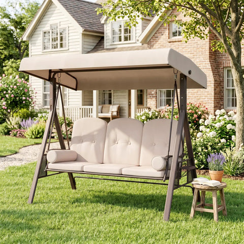Three Seat Patio Swing Chair With Adjustable Canopy Cozy Outdoor Porch Swing Glider With Removable Cushions Pillows And Side Trays For Garden Poolside Or Backyard Beige set on lawn
