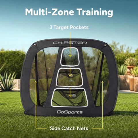 Chipster PRO Golf Chipping Net For Indoor And Outdoor Practice With Pop-Up Target on grass with 3 target pockets and side catch nets