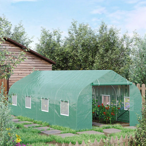Walk In Backyard Greenhouse For Extended Growing Season 20 X 10 X 7 Feet Tunnel Style With Roll Up Windows Zippered Door PE Cover Heavy Duty Steel Frame Green