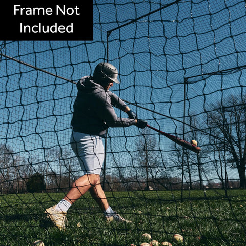 Man practicing with 40 Foot Batting Cage Net Stand Alone Net Only For Backyard Baseball And Softball Practice Professional Grade Netting