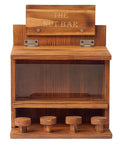Front view of Wooden Squirrel Picnic Table Feeder with durable solid frame and clear acrylic feeding panel, bar stool design.