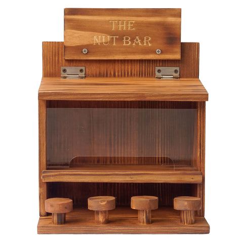 Front view of Wooden Squirrel Picnic Table Feeder with durable solid frame and clear acrylic feeding panel, bar stool design.