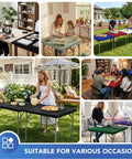 Collage of Elastic Spandex Square Fitted Table Cover 34x34 Inch Two Pack Black Wrinkle Resistant Stain Resistant Durable Polyester Blend in various settings including kitchen, dining, picnic, and outdoor parties, fitting different tables.