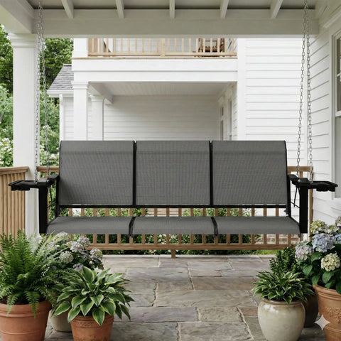 Textilene 3 Seat Porch Swing With Cup Holder 5.3 Ft Patio Hangin Swing Bench 700 Lb Capacity Outdoor Porch Swing With Hangin Chains For Deck Garden Backyard Gray on porch